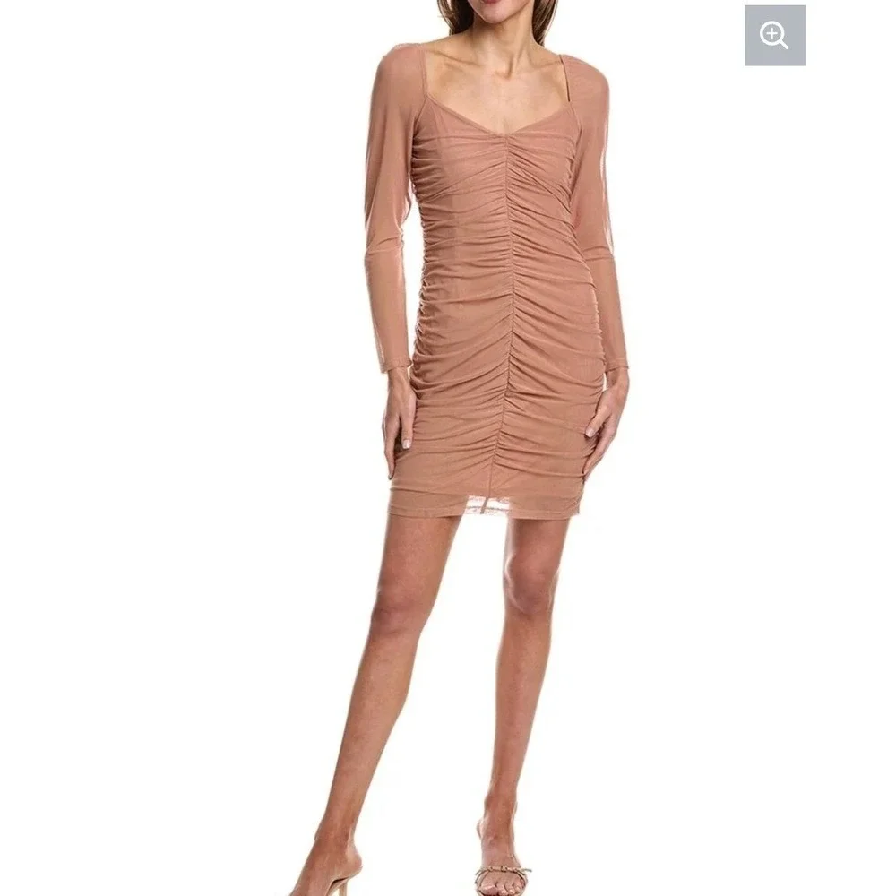 FRENCH CONNECTION Toni Ruched Mesh Long Sleeve Bodycon Mini Dress Blush Size‎ M